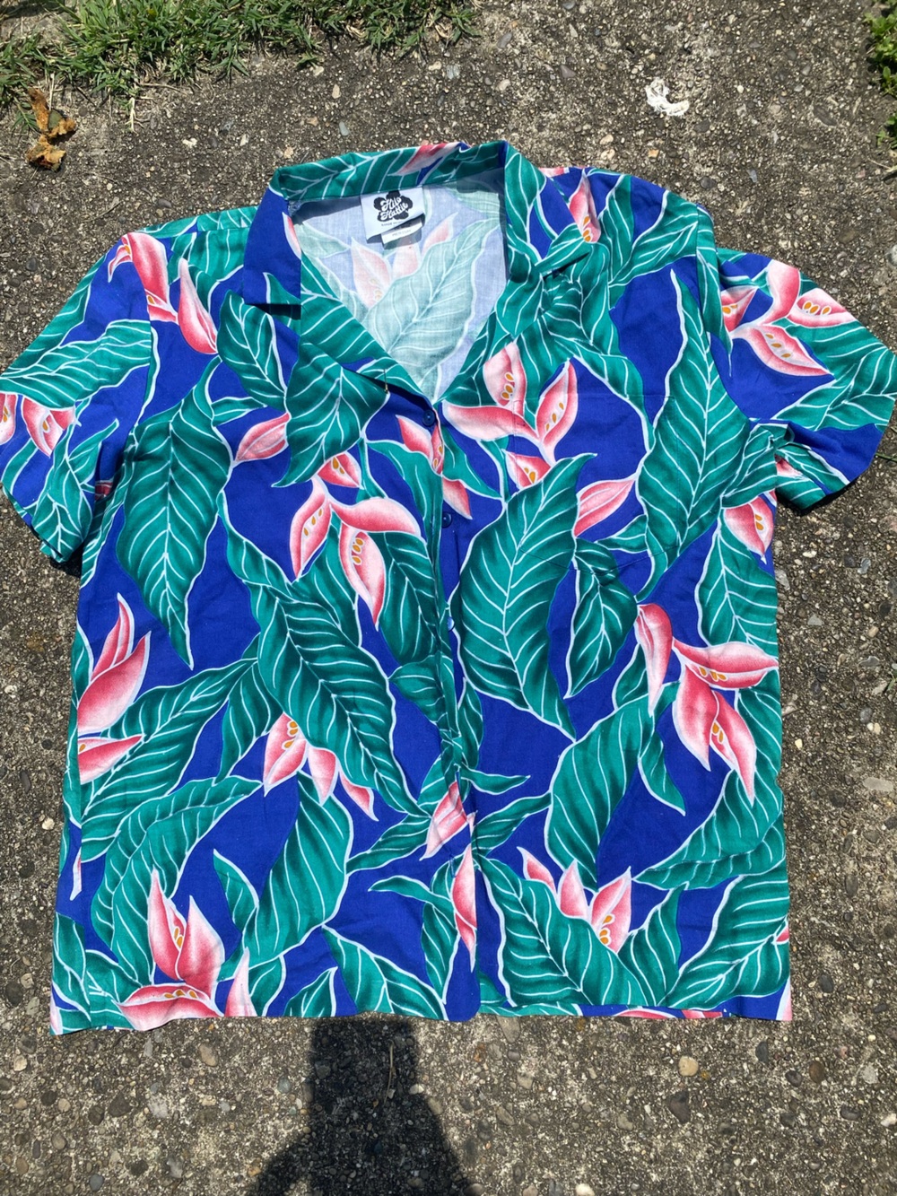 Hilo Hattie Vintage Hawaiian Shirt Medium M Blue Rayon Bird of Paradise Leaf